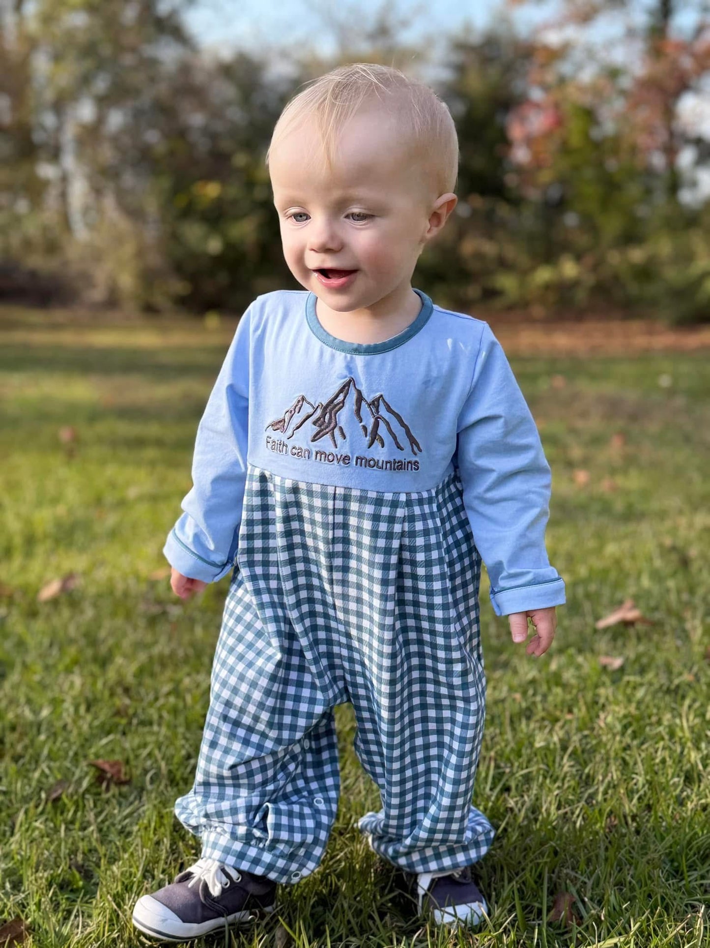 RTS Faith Can Move Mountains Boy Long Romper (6m and 2t only)