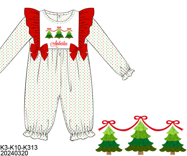 RTS Christmas Tree French Knot Girl Long Romper