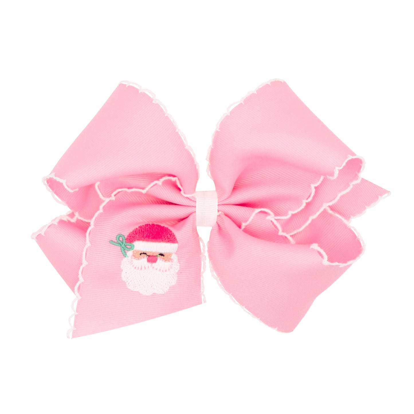King Grosgrain Hair Bow with Moonstitch Edge and Pink Santa Embroidery