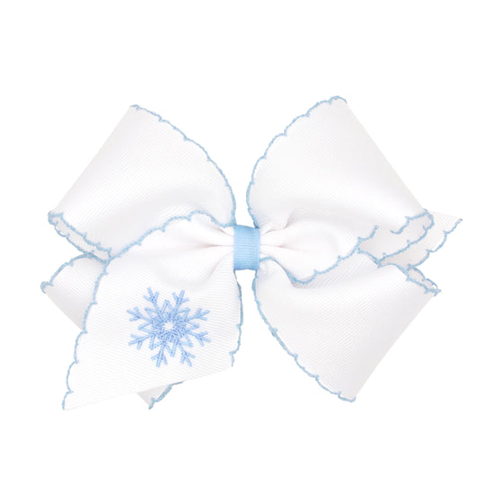King Grosgrain Hair Bow with Moonstitch Edge and Snowflake Embroidery