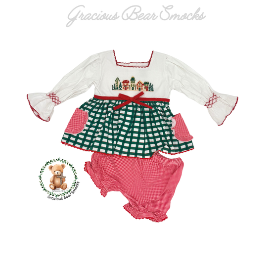 RTS Christmas Cottage Girl Bubble Shorts Set
