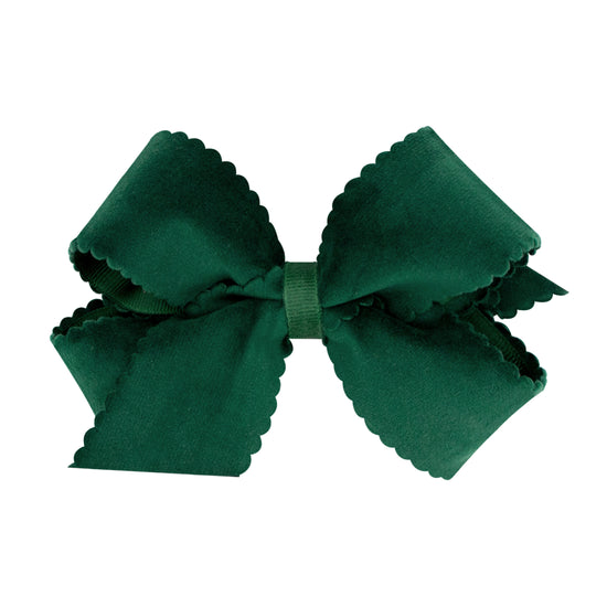 Medium Grosgrain Hair Bow with Scalloped Edge Faux Velvet Overlay - FOREST GREEN
