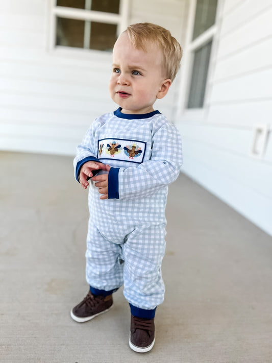 RTS Pink and Navy Smocked Turkey Boy Long Romper