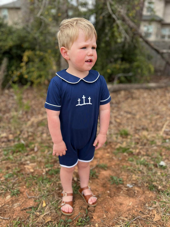 RTS Hand Embroidered Cross Boy Romper