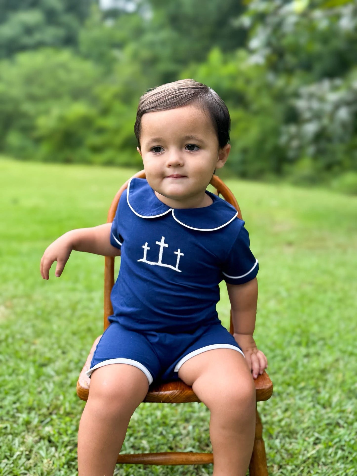 RTS Hand Embroidered Cross Boy Romper