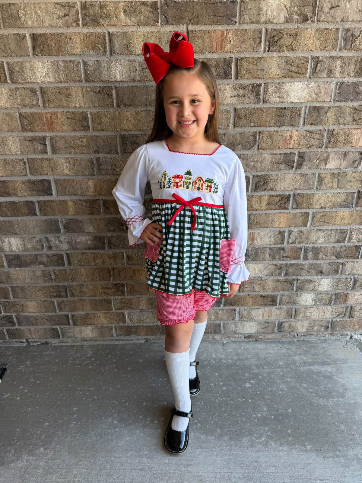 RTS Christmas Cottage Girl Bubble Shorts Set