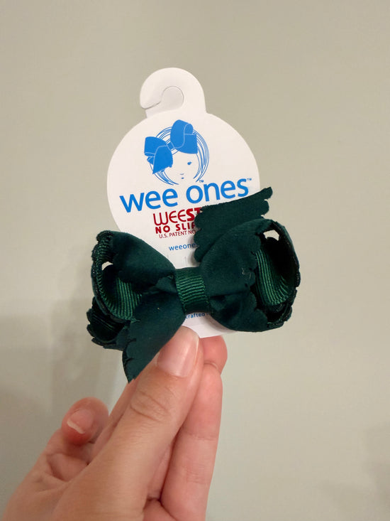 Mini Grosgrain Hair Bow with Scalloped Edge Faux Velvet Overlay - FOREST GREEN